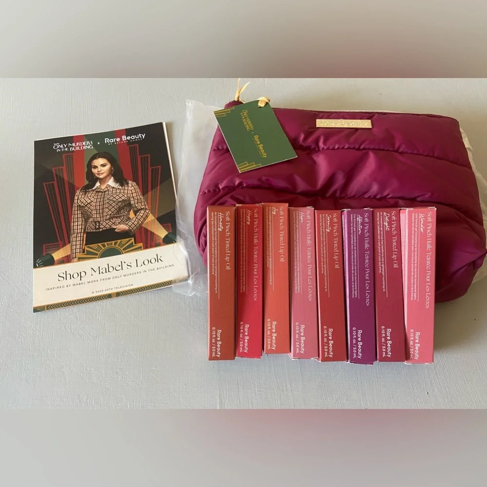 NEW Rare Beauty Limited Edition Puffy Makeup Bag and Full Set of Lip Oils